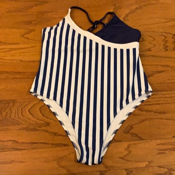 Size large navy & white stripe swimsuit - Picture 1 of 4